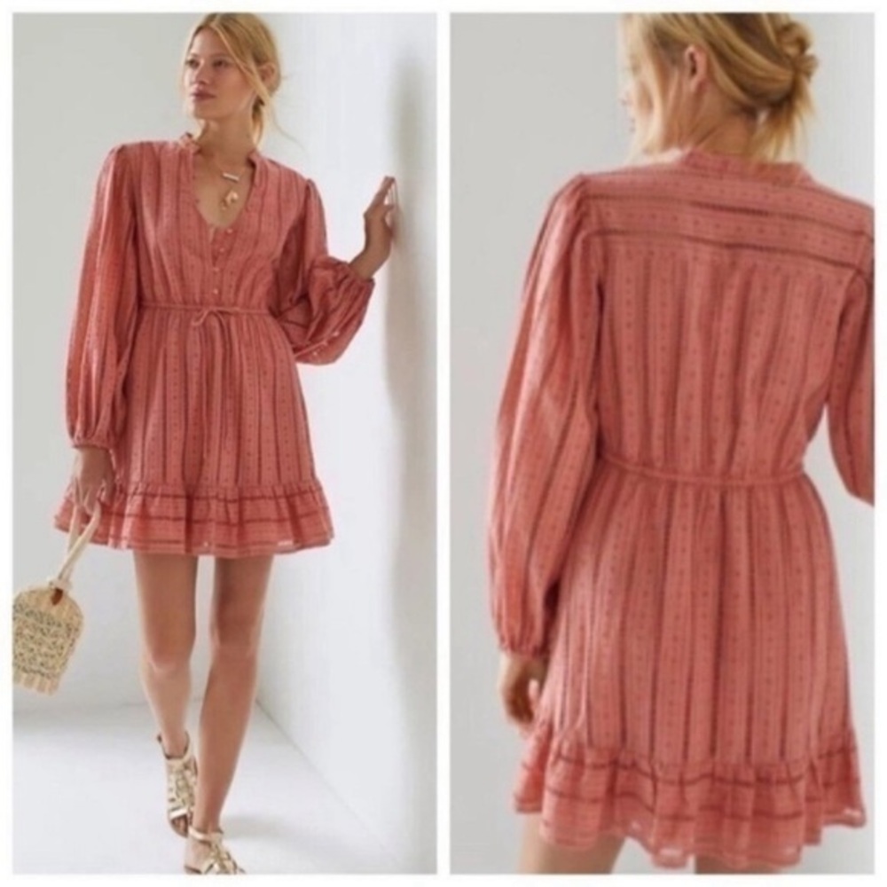 ✅ Anthropologie Forever That Girl Dress Eyelet Mini Long Sleeve in Pink